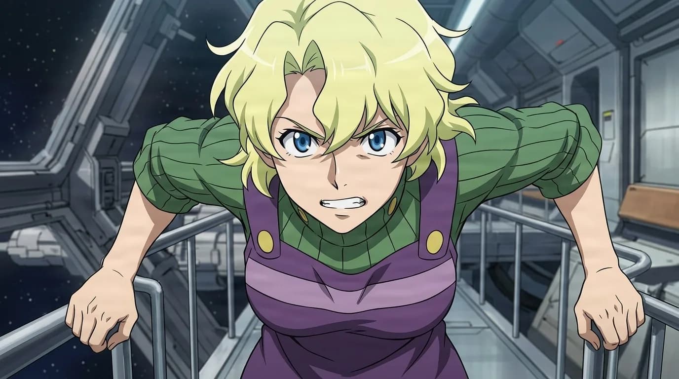 Kiyoh Bachika, a blonde woman in a green sweater and purple overalls, gritting her teeth as she grips a ship walkway railing