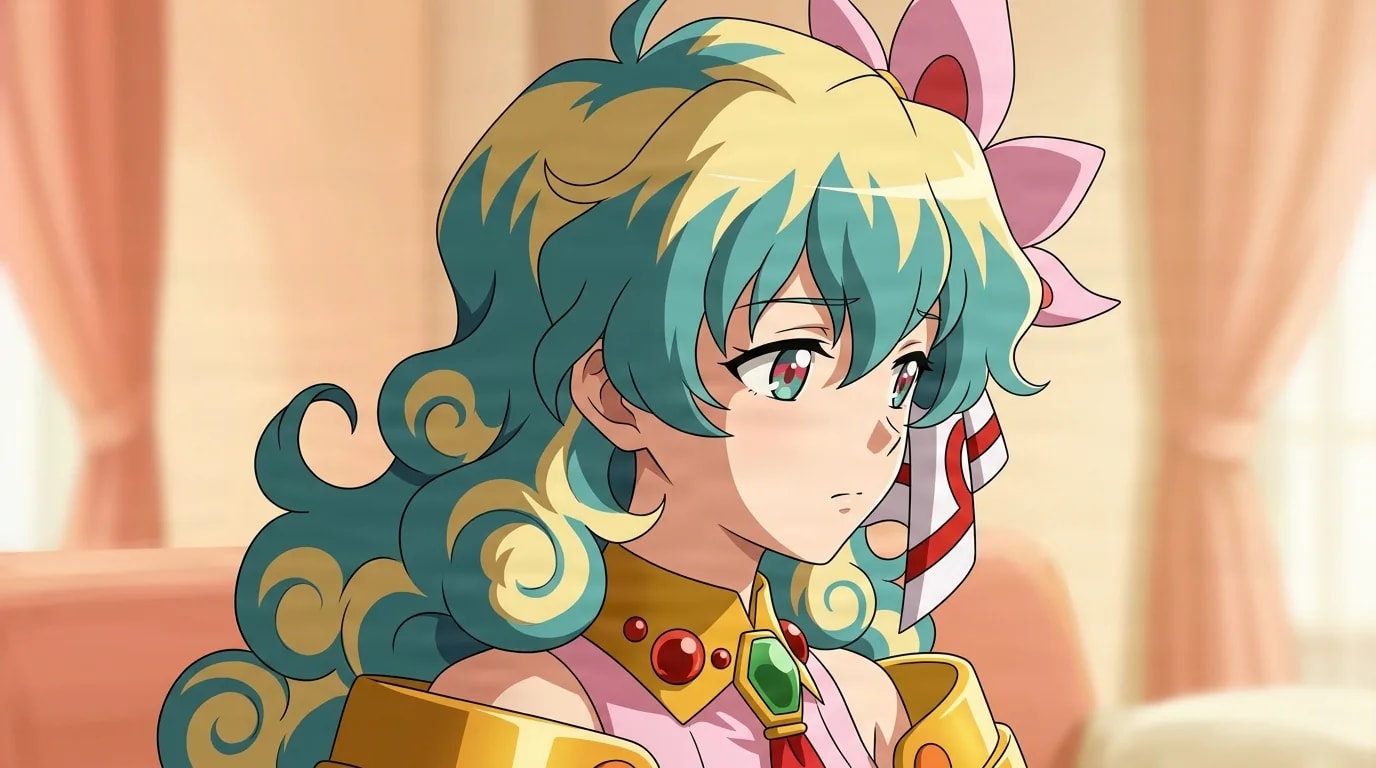Nia Teppelin from Gurren Lagann in a close-framed cel-shaded anime scene with a detailed environment