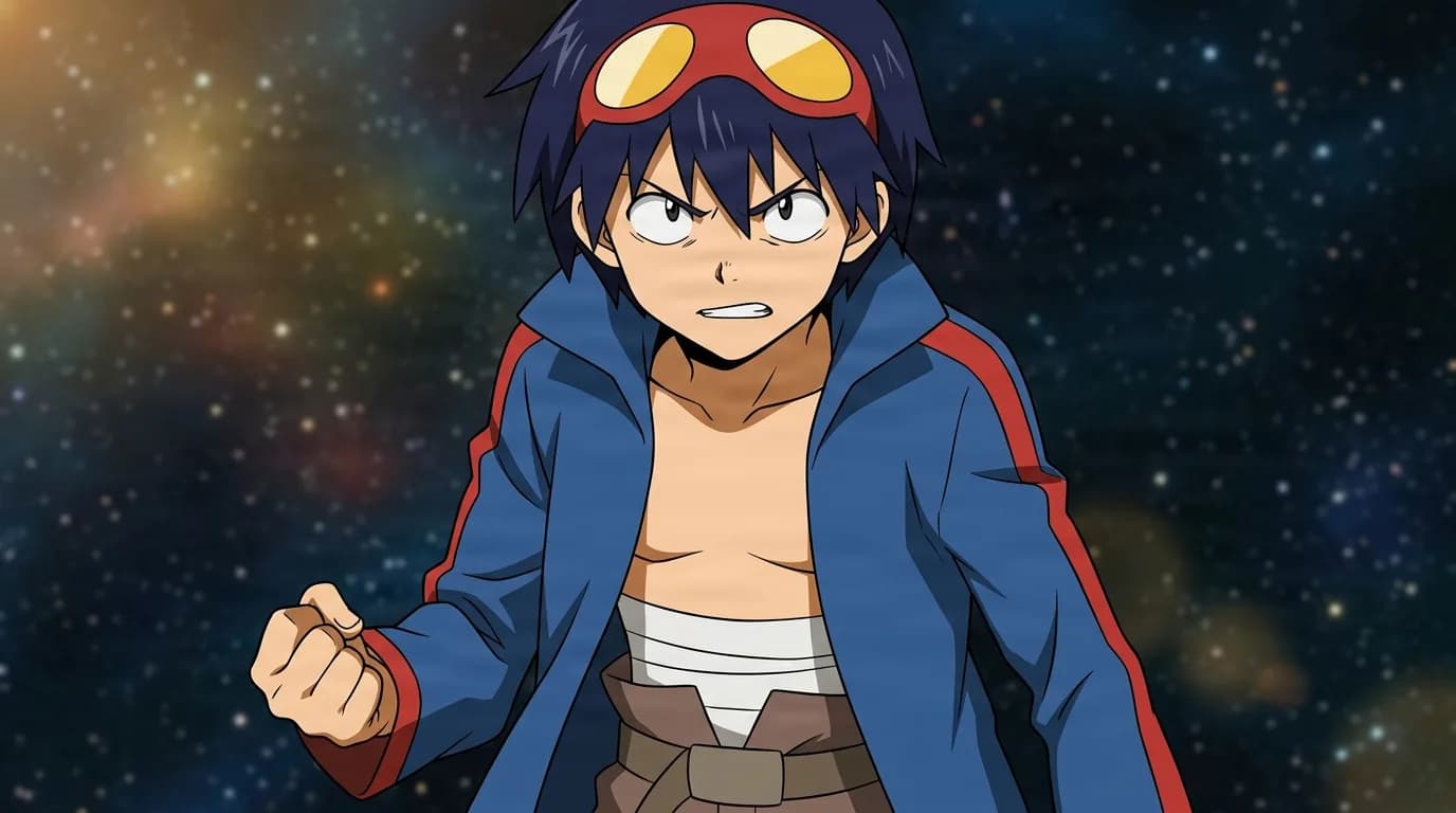 Simon from Gurren Lagann in a close-framed cel-shaded anime scene with a detailed environment