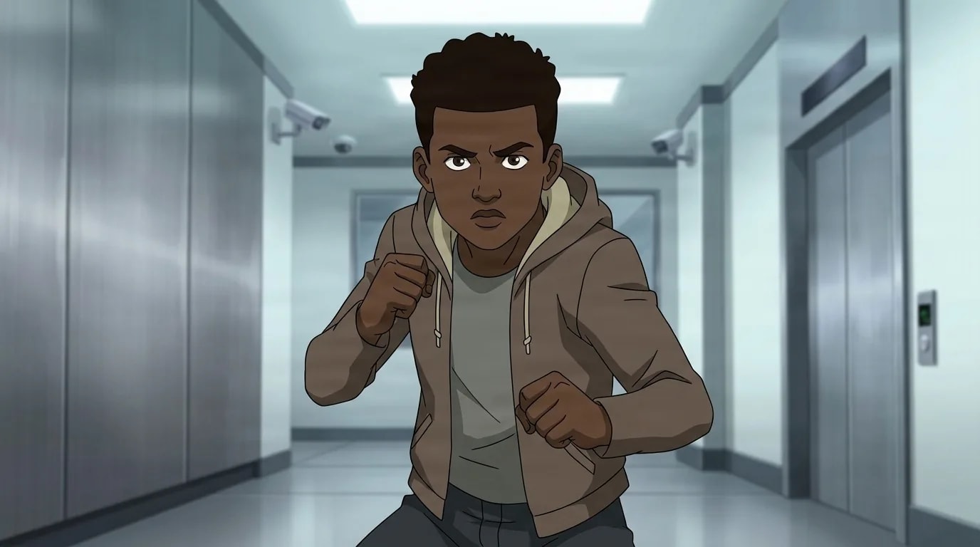 Angstrom Jr., a young man in a beige hoodie, fists raised in a fighting stance in a sleek hallway.