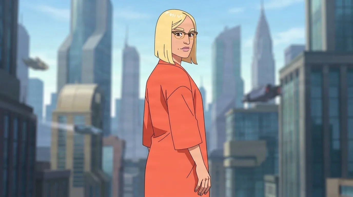 April Howsam looking back over her shoulder in a coral dress and glasses, blonde bob, flying craft passing a bright skyline