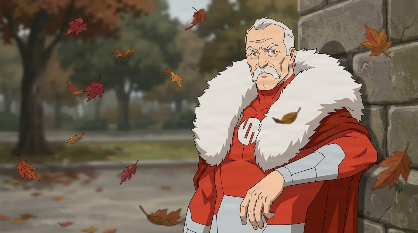 Argall, an elderly hero in a red suit with a fur-collared cape, leaning on a stone wall amid falling autumn leaves.