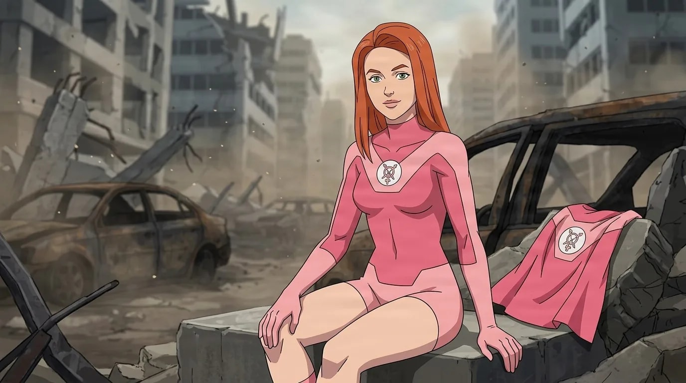 Atom Eve, a red-haired woman in a pink costume, seated on concrete rubble in a destroyed city.