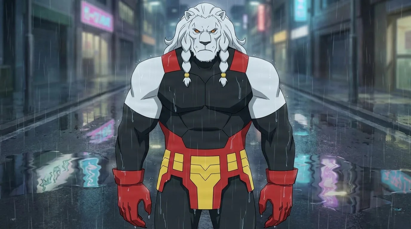 Battle Beast, a towering white lion-headed warrior in black, red and yellow armor, stands in a rainy neon city street.