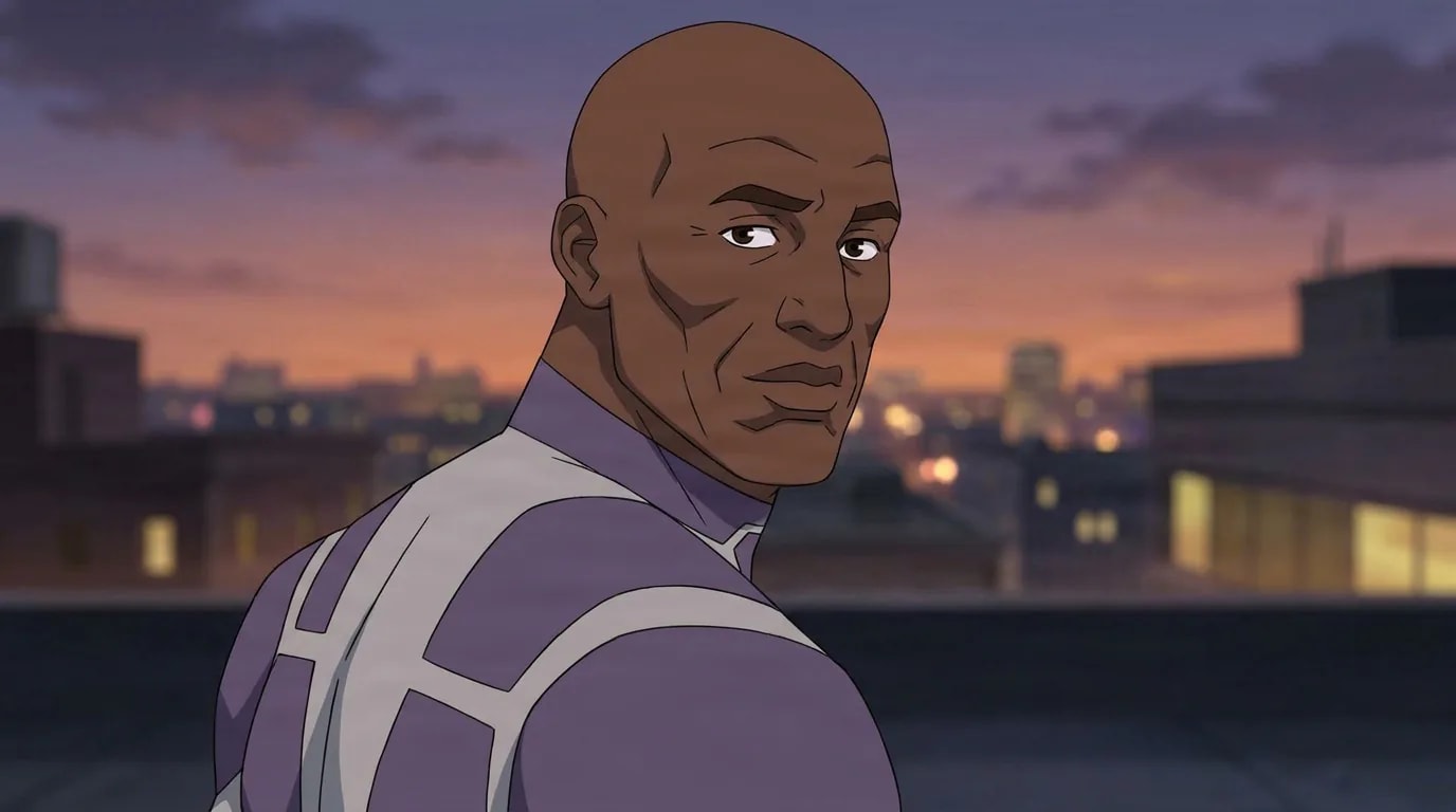 Black Samson, a bald man in a purple and white armored suit, glances back on a rooftop at sunset.