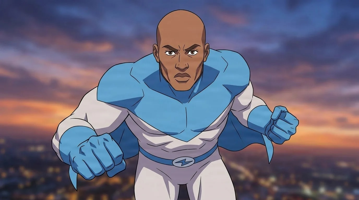 Bolt, a bald man in a blue and white costume with a lightning-bolt belt, fists raised at sunset.