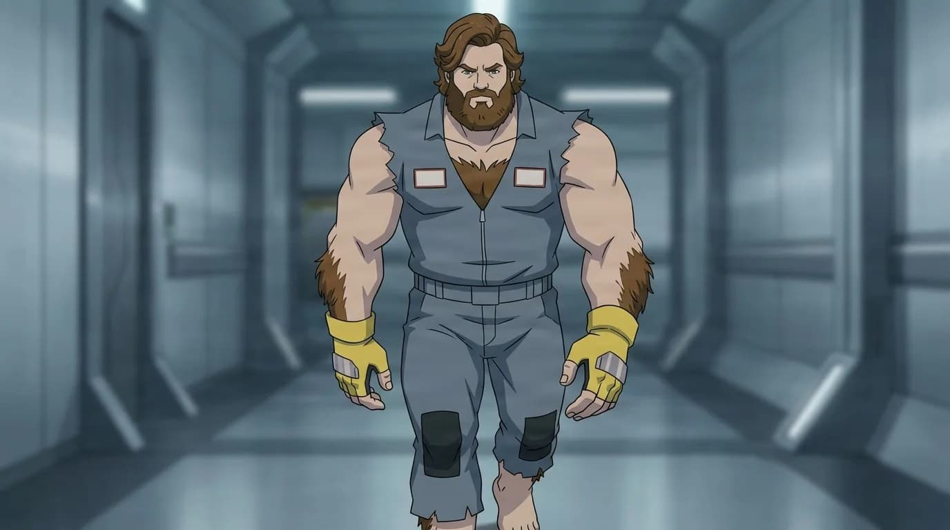 Burly, a muscular bearded man in a torn grey jumpsuit and yellow fingerless gloves, walking down a metallic corridor.