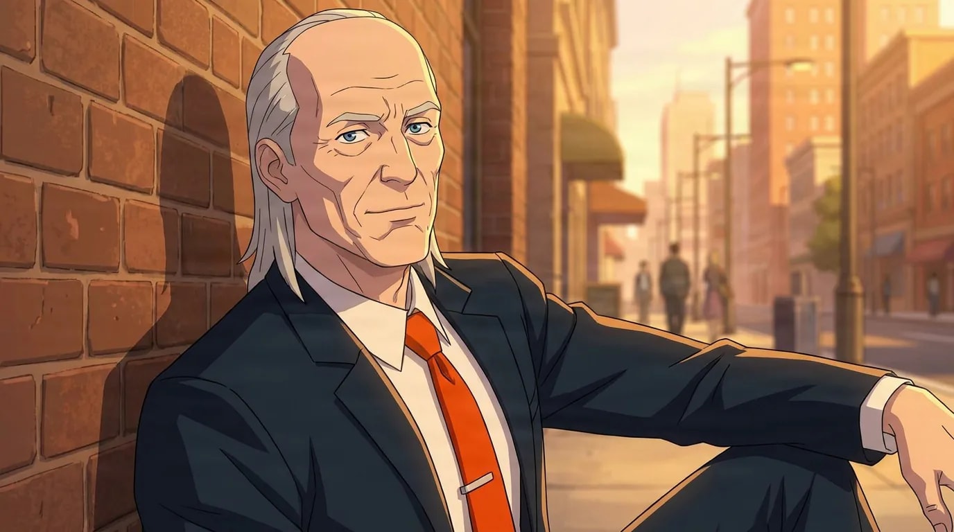 Cecil Stedman, a white-haired older man in a dark suit and orange tie, leans against a brick wall on a sunlit street.