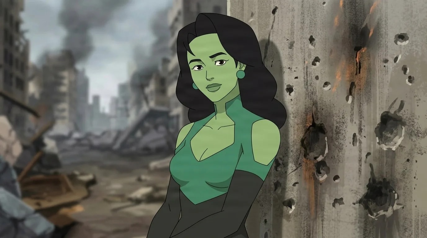Councilor Tuva, a green skinned woman with long black hair and a teal top, leaning against a scorched bullet marked wall above a ruined city.