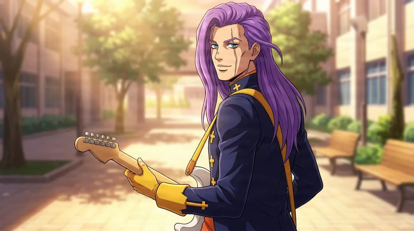 Akira Otoishi holds an electric guitar in a navy cross-adorned jacket and yellow gloves in a sunlit courtyard.