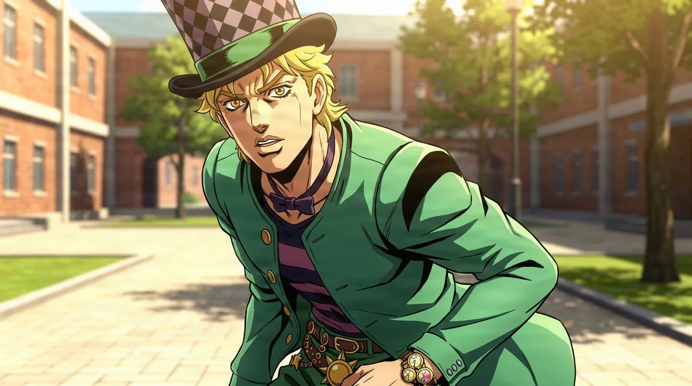 Caesar Anthonio Zeppeli, a blond man in a checkered top hat and green jacket, leaning forward in a courtyard.