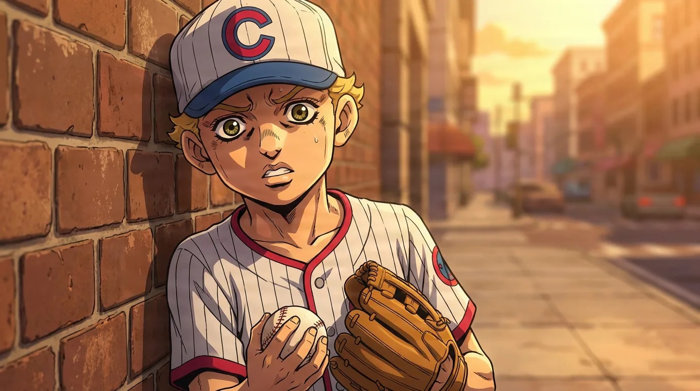 Emporio Alniño holds a baseball and glove in a pinstriped jersey and cap against a brick wall on a sunlit street.