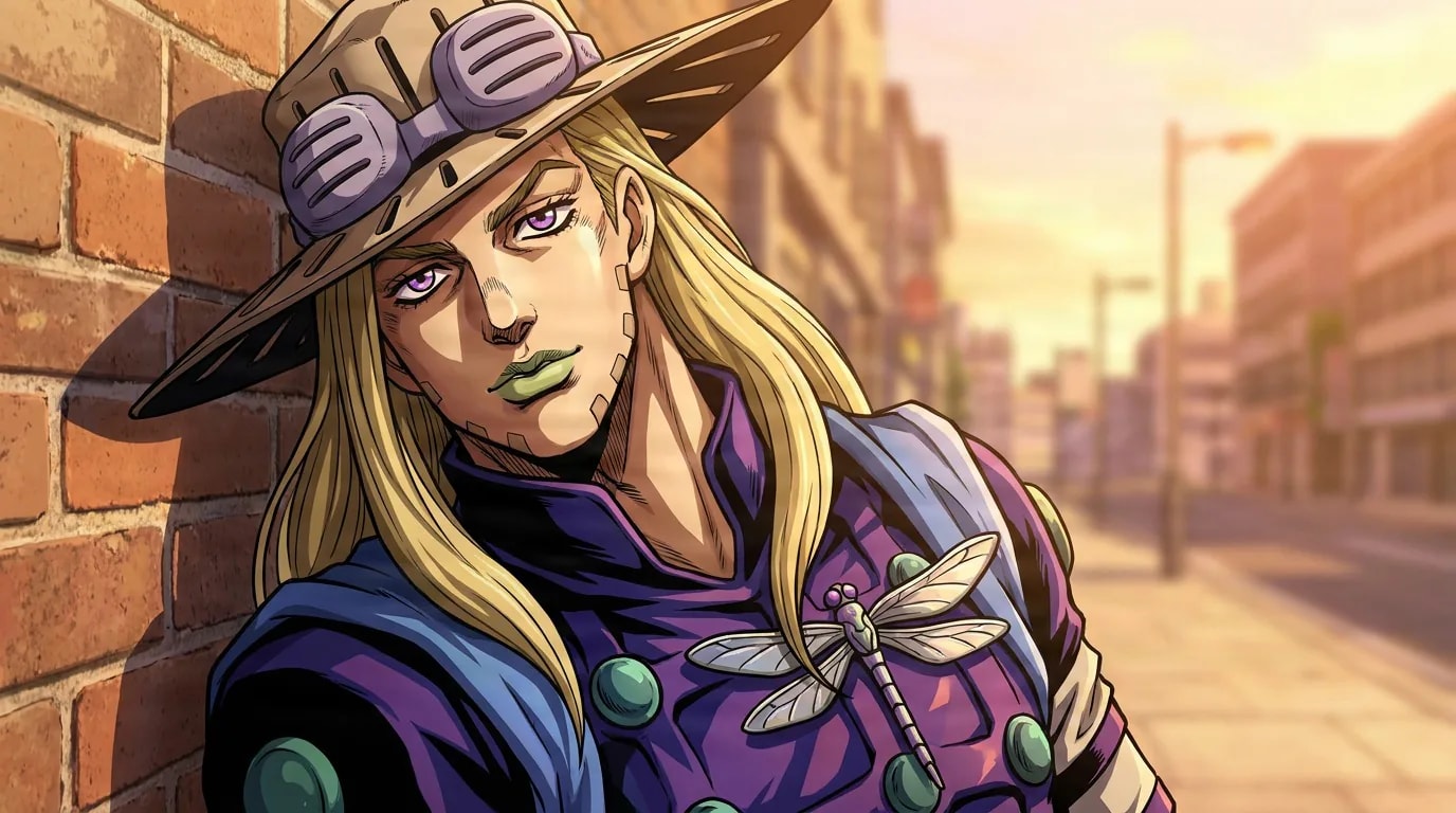 Gyro Zeppeli leans against a brick wall in a straw hat with goggles and a purple jacket with a dragonfly brooch on a sunny street.