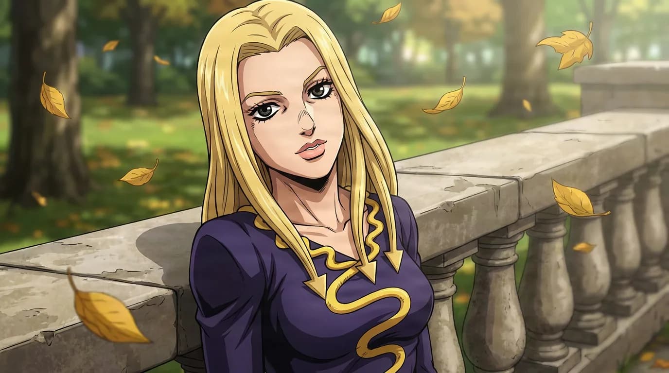Hato Higashikata leans against a stone balustrade in a purple dress with gold arrow motifs amid falling leaves.