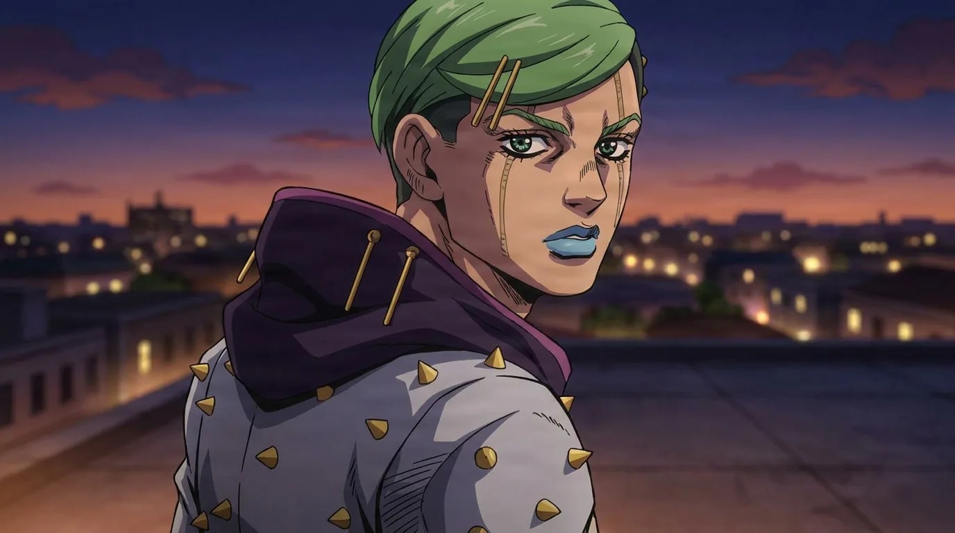 Jobin Higashikata looks over his shoulder in a white studded jacket on a rooftop against a sunset skyline.