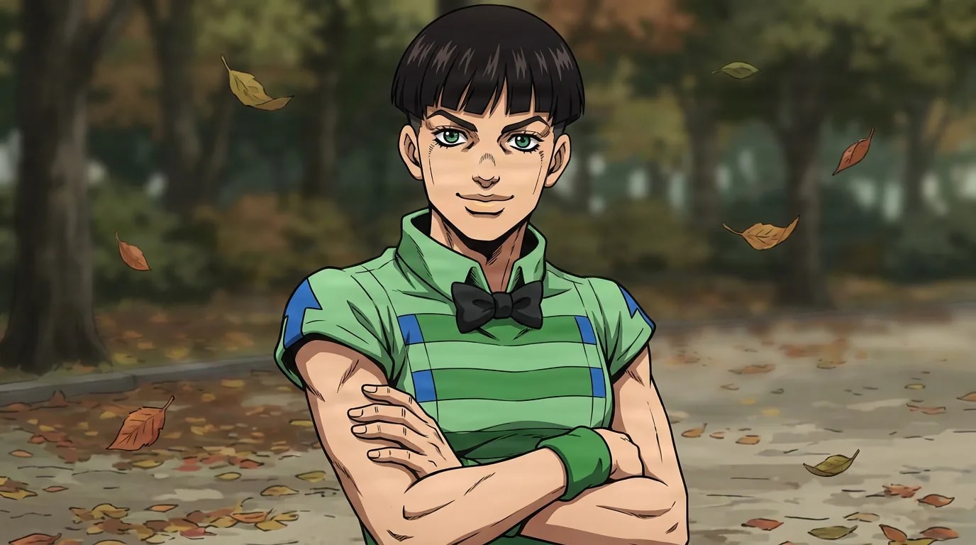Joshu Higashikata stands with arms crossed in a green striped shirt and black bow tie in an autumn park.