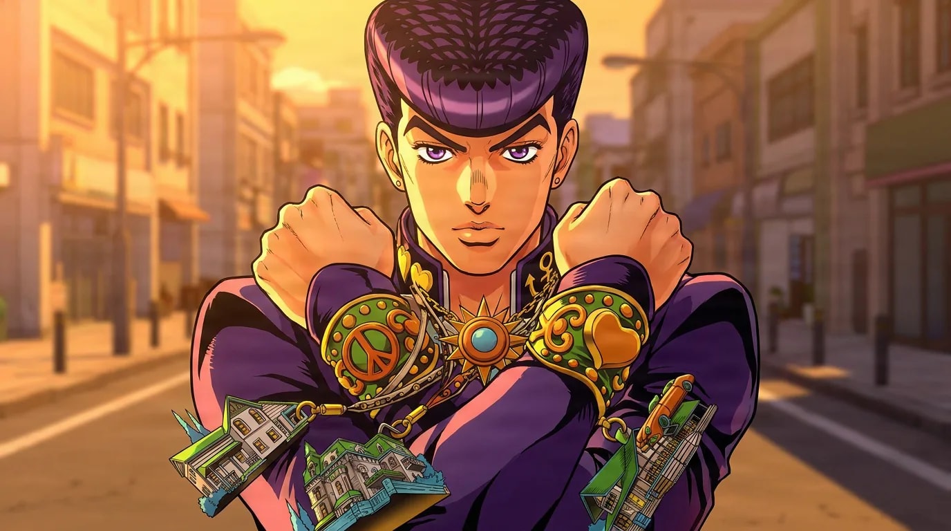 Josuke Higashikata, a young man with a purple pompadour, crossing his fists on a warm town street.