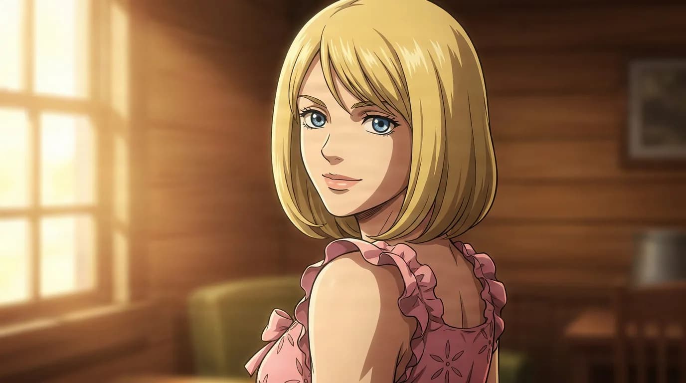 Lucy Steel glances over her shoulder in a pink ruffled dress beside a sunlit window in a wooden cabin.