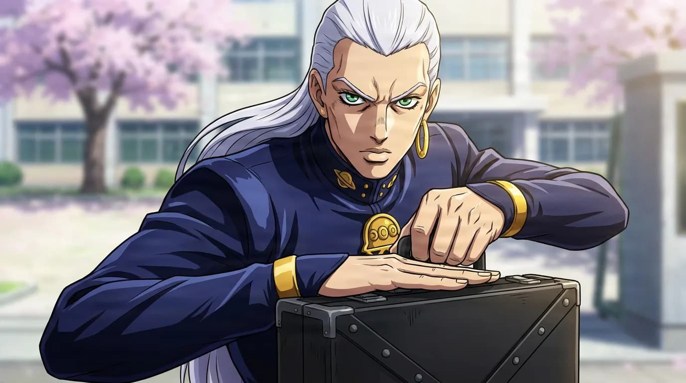 Mikitaka Hazekura presses a hand on a black briefcase in a navy uniform among cherry blossoms.