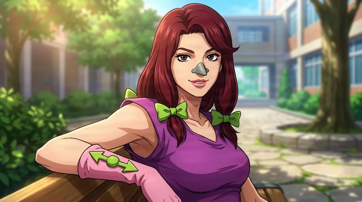 Mitsuba Higashikata leans on a wooden bench in a purple dress with green bows and pink gloves in a school courtyard.