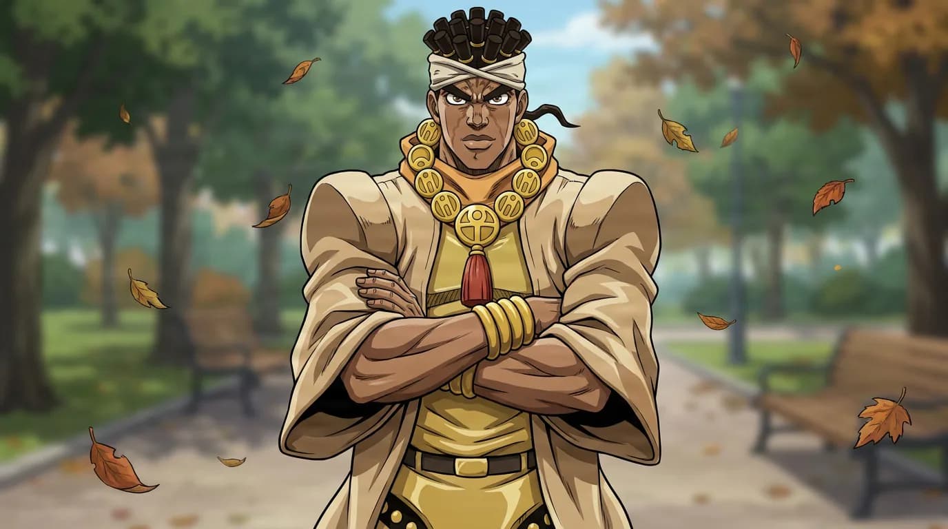 Muhammad Avdol, a man in a headband and tan robe with a gold ankh pendant, arms crossed in an autumn park.