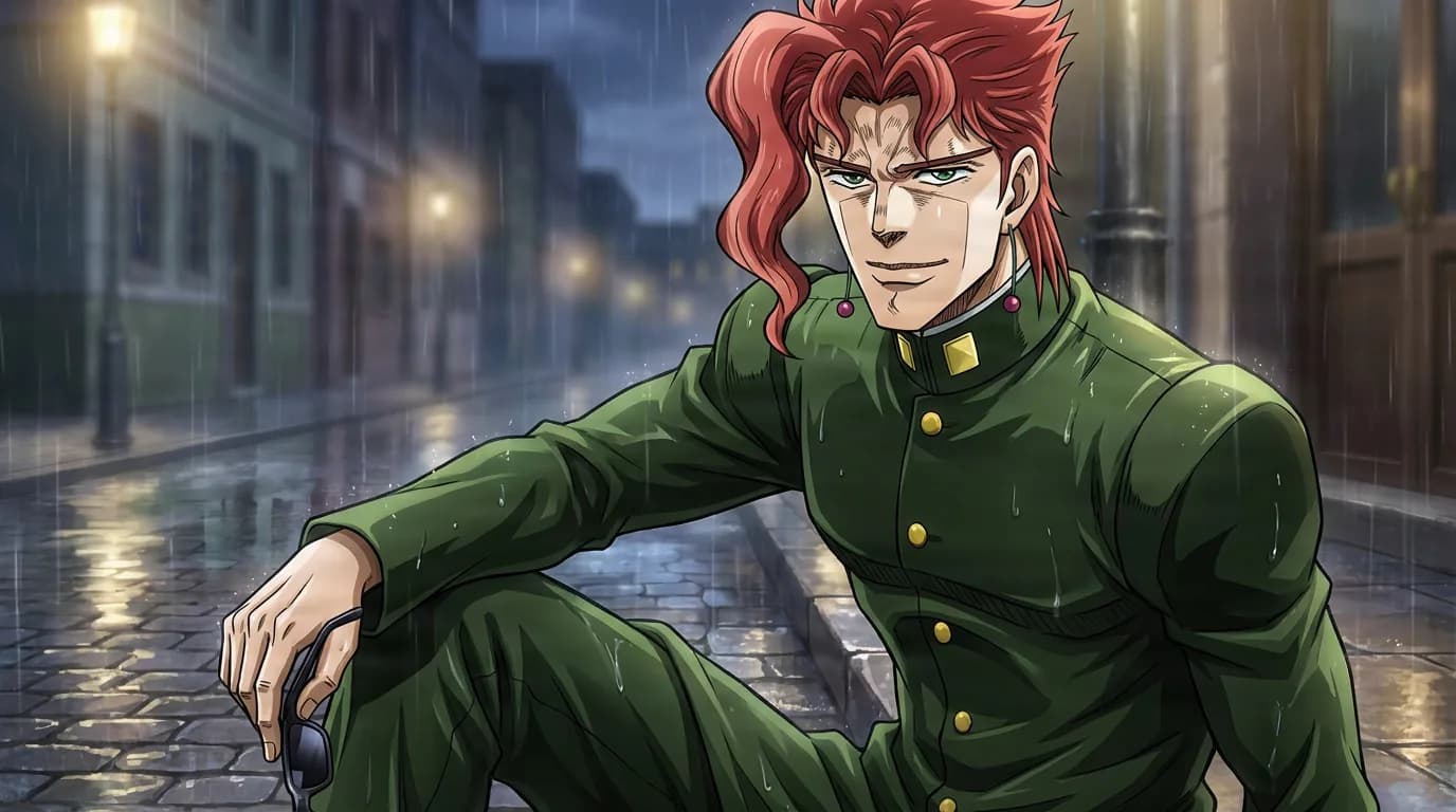 Noriaki Kakyoin, a red-haired man in a green uniform, seated on a rainy cobblestone street at night.