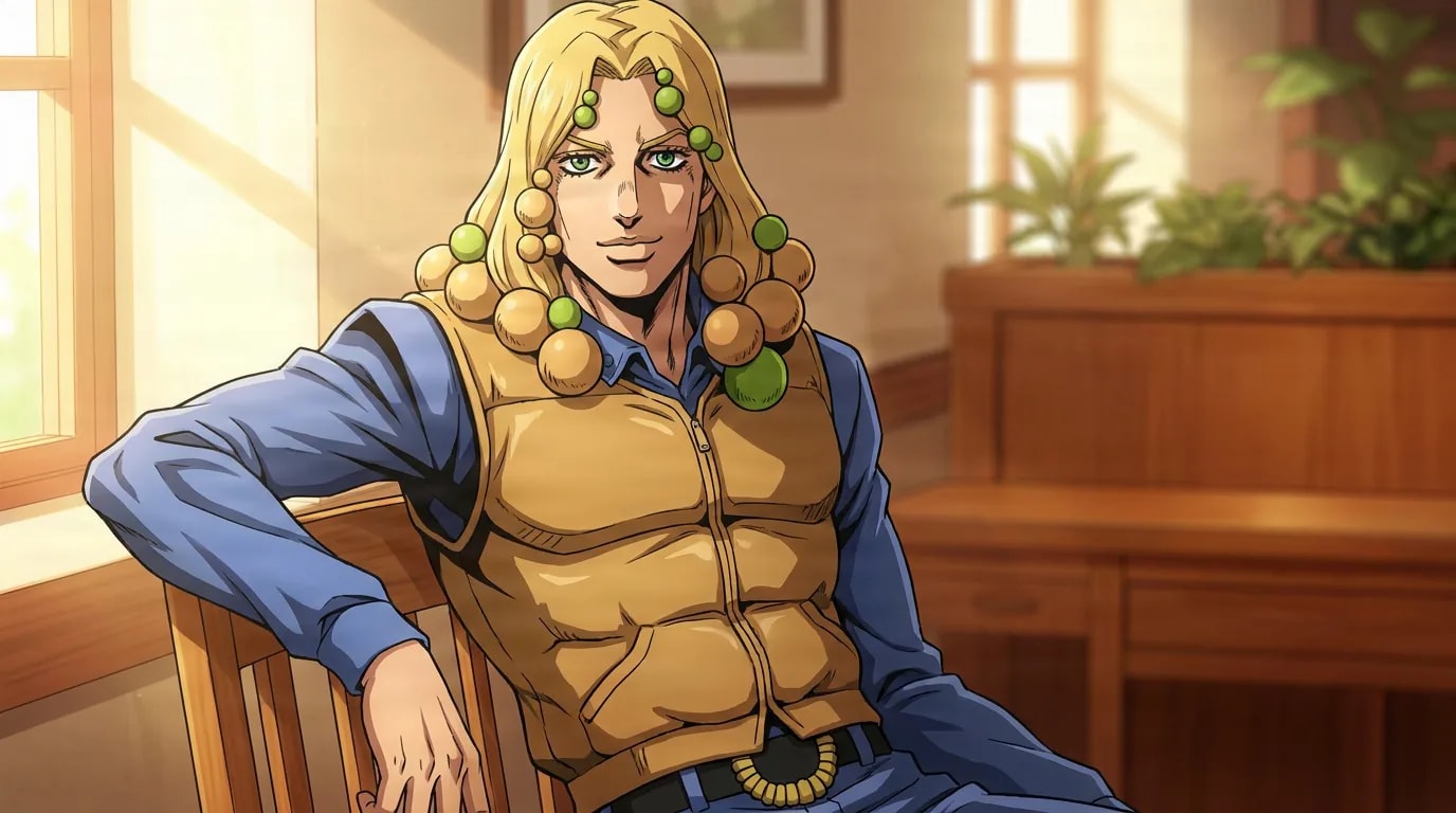 Norisuke Higashikata IV sits in a chair wearing a bubble-decorated vest over a blue shirt by a sunlit window.