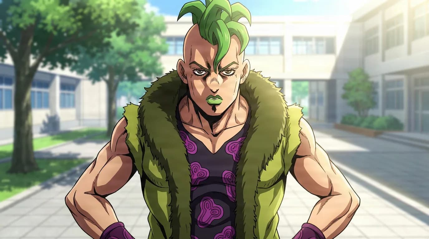 Pesci stands with hands on hips in a fur-collared vest over a purple cloud-patterned shirt in a school courtyard.