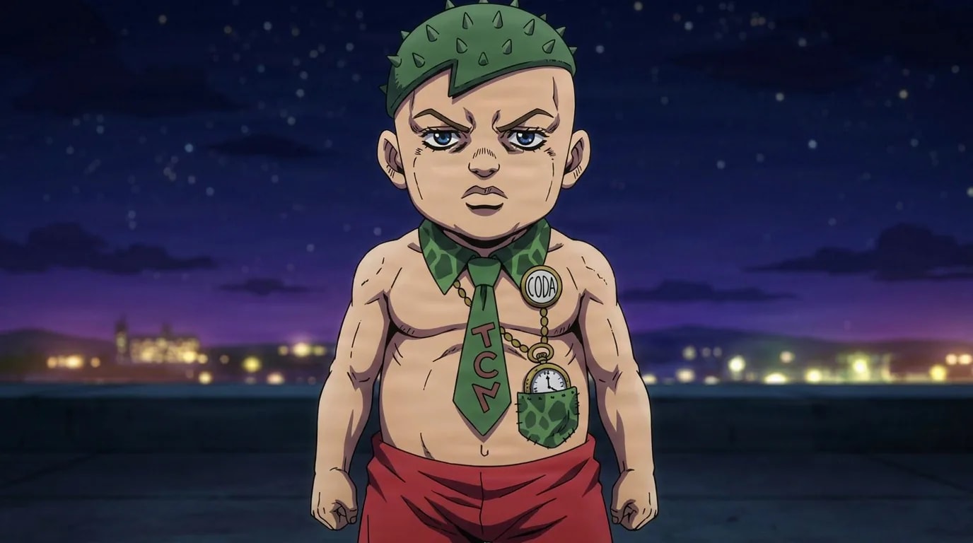 Poor Tom stands shirtless in a spiky green cap and green tie with a pocket watch on a rooftop at night.
