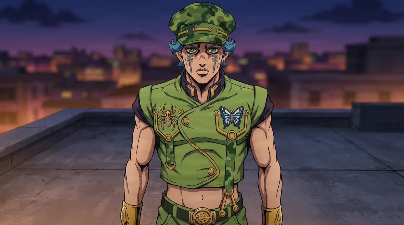 Toyohiro Kanedaichi stands in a green camo cap and cropped vest with spider and butterfly emblems on a rooftop at dusk.