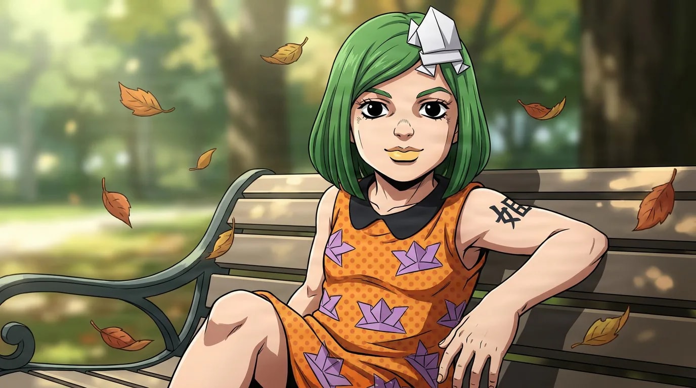 Tsurugi Higashikata sits on a park bench in an orange dress with an origami hair clip amid falling autumn leaves.
