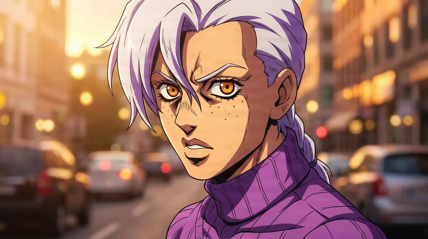 Vinegar Doppio in a purple turtleneck looks aside on a city street lit by golden sunset light.