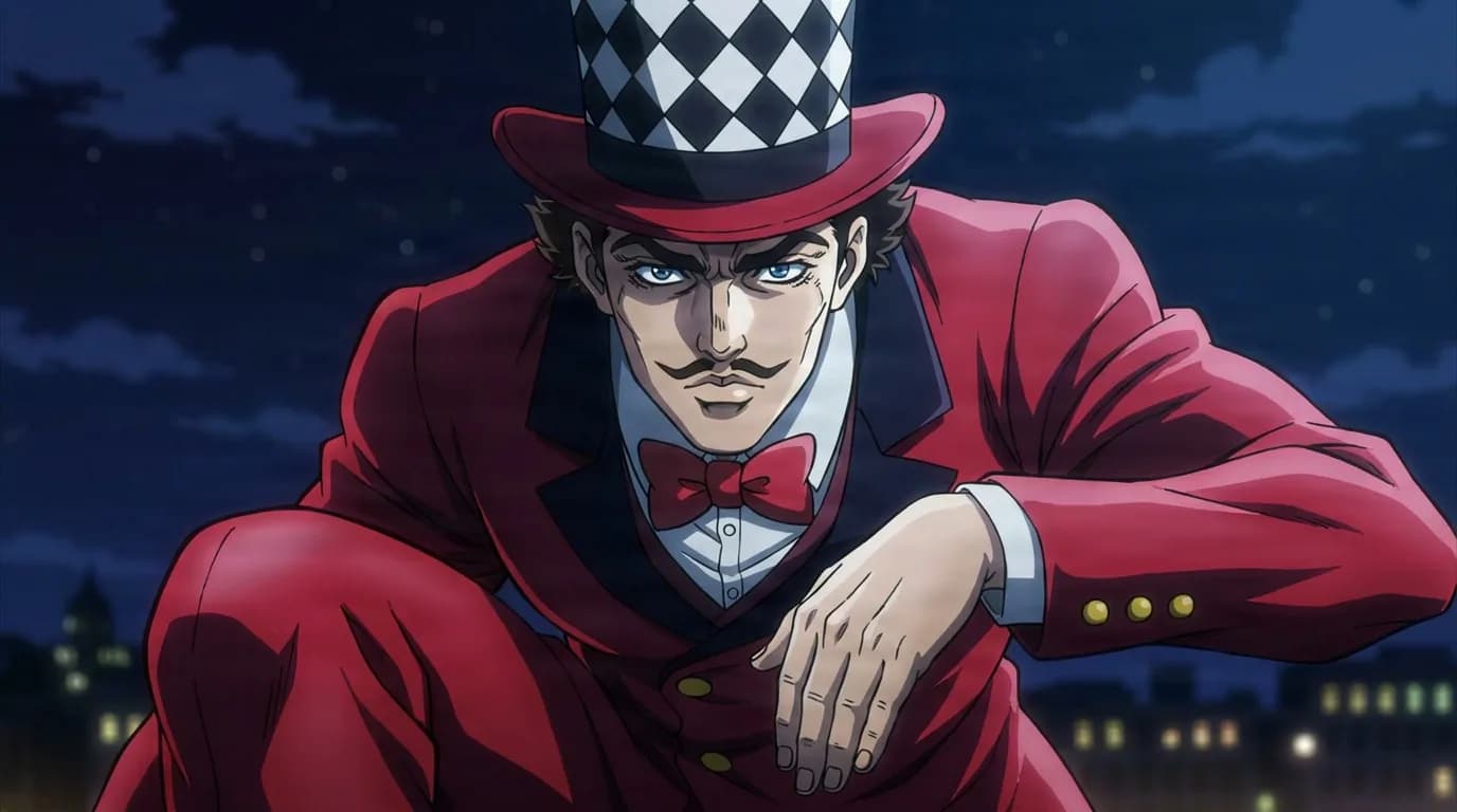 Will Anthonio Zeppeli crouches in a red suit and checkered top hat with a bow tie against a night city skyline.