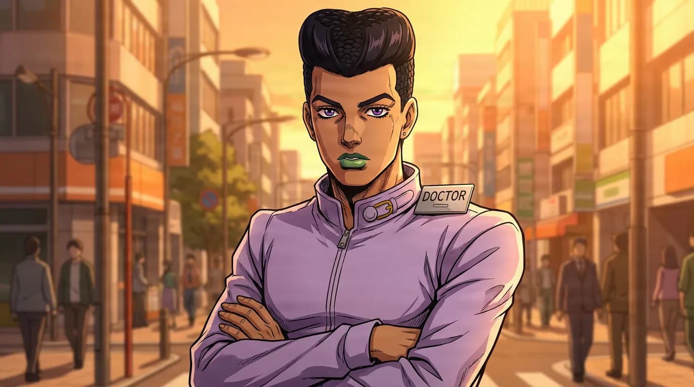 Wu Tomoki stands arms crossed in a lavender jacket with a DOCTOR name tag on a sunlit city street.