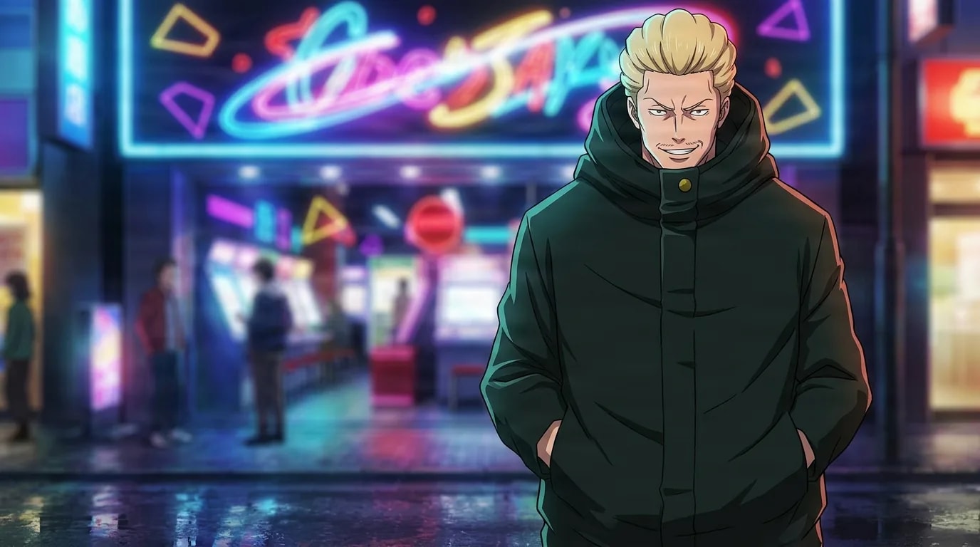 Kinji Hakari con una parka oscura con capucha sonríe con suficiencia con las manos en los bolsillos afuera de un salón de juegos iluminado por neón por la noche.