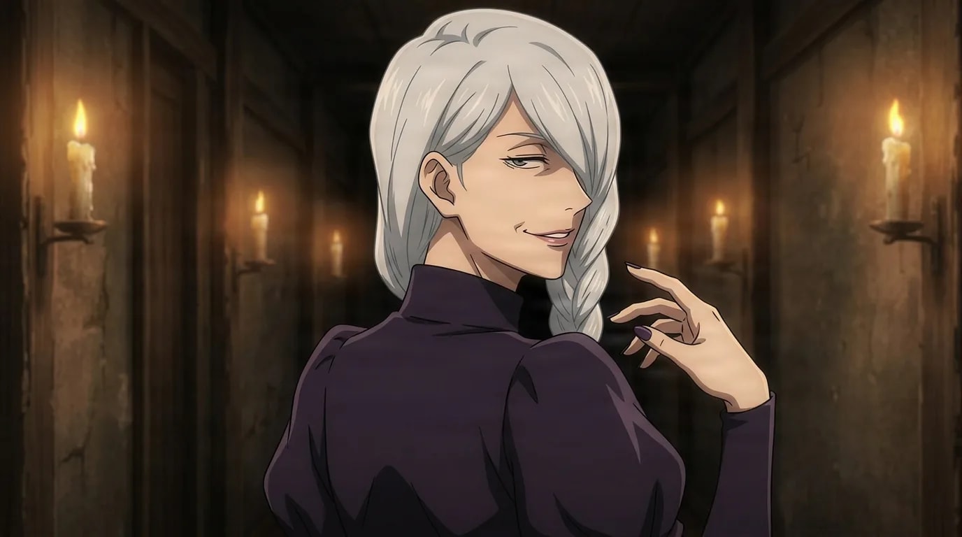 Mei Mei glancing back over her shoulder with a sly smile in a candlelit corridor, silver braided hair draped forward and one hand raised near her chin in a dark high-collared dress.