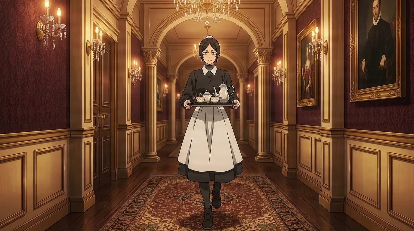 Misato Kuroi con su uniforme de sirvienta blanco y negro lleva una bandeja de té por el pasillo dorado de una mansión lleno de retratos.