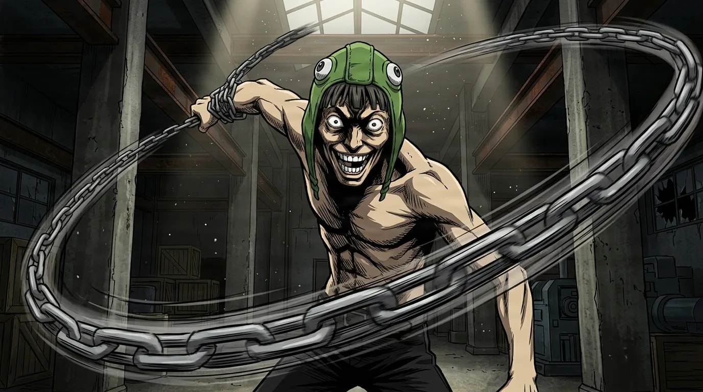 A wiry shirtless man wearing a green frog hood swings a heavy iron chain with a manic grin inside a shadowy warehouse.