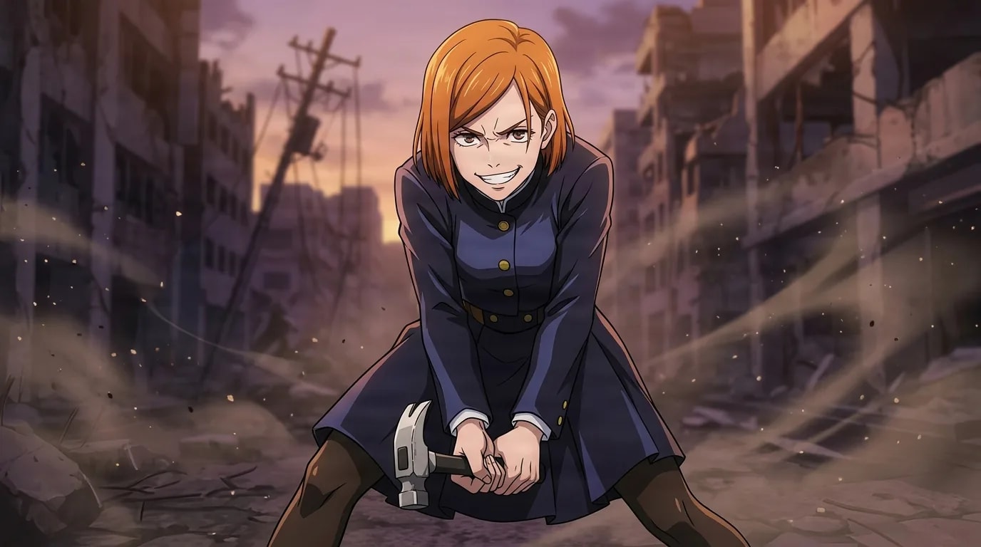 Nobara Kugisaki agazapada con una sonrisa confiada sujetando un martillo con ambas manos en medio de una calle urbana en ruinas al anochecer, cabello bob naranja y un uniforme escolar azul marino oscuro, con polvo arremolinándose a su alrededor.
