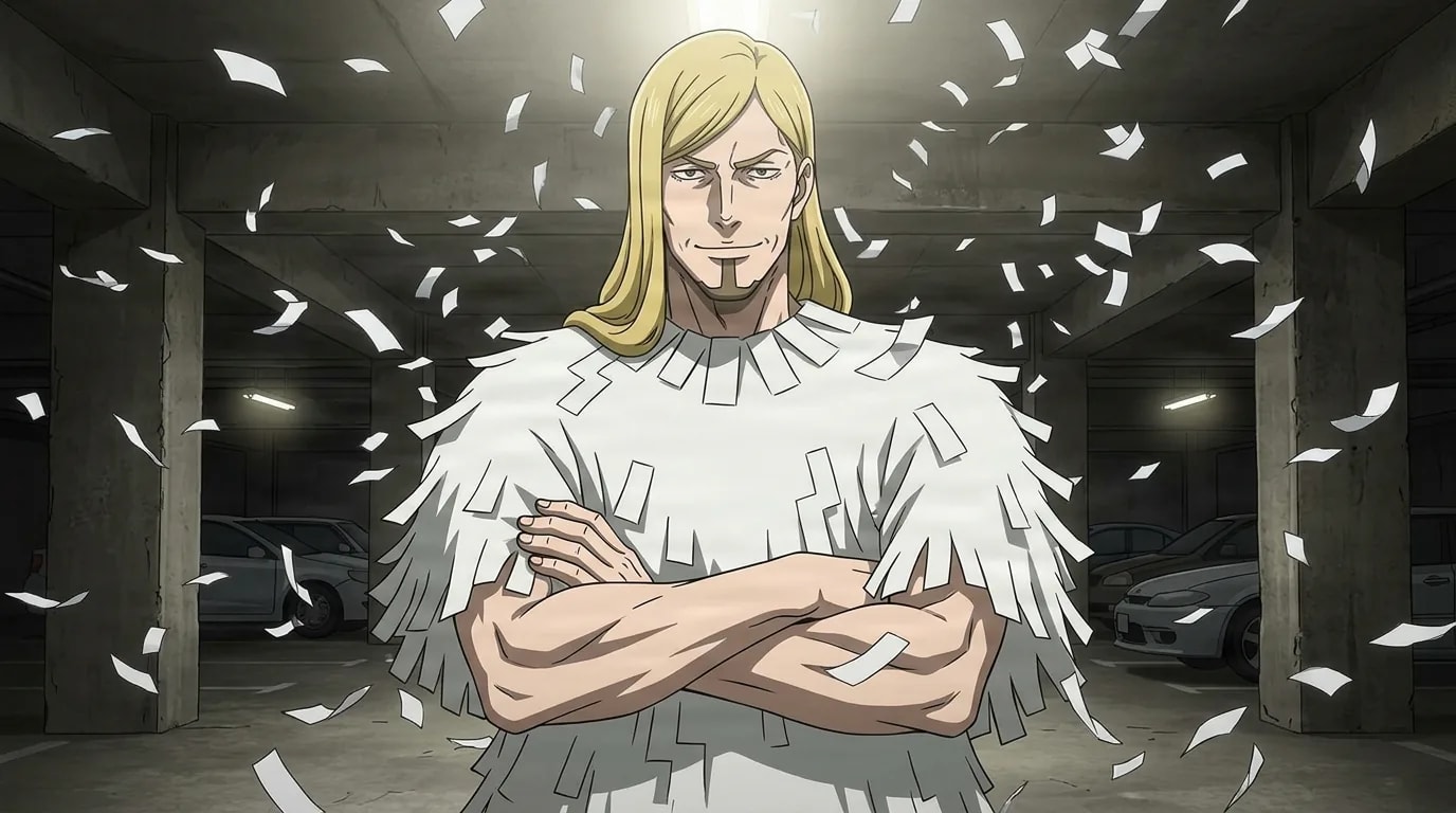 Ein blonder, langhaariger Anime-Mann in einem weißen Outfit mit Papierzetteln steht mit verschränkten Armen und einem Grinsen in einer dämmrigen Parkgarage, während Papierstücke um ihn herum flattern.