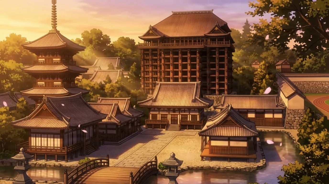 A sprawling traditional Japanese temple complex with a tall wooden building, a tiered pagoda, tiled roofs and an arched footbridge glows in warm golden hour light with cherry petals drifting and a running track at the edge.