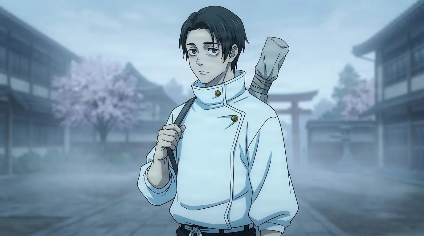 Yuta Okkotsu, en pull à col haut blanc, portant un sabre enveloppé de tissu sur l'épaule, le regard tranquille, dans une cour brumeuse à l'aube