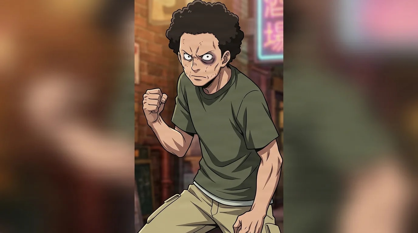 『僕のヒーローアカデミア』のキャラクター、岩子 剛。細部まで描き込まれた背景を伴う、クローズアップのセル画調アニメシーンとして描かれている。