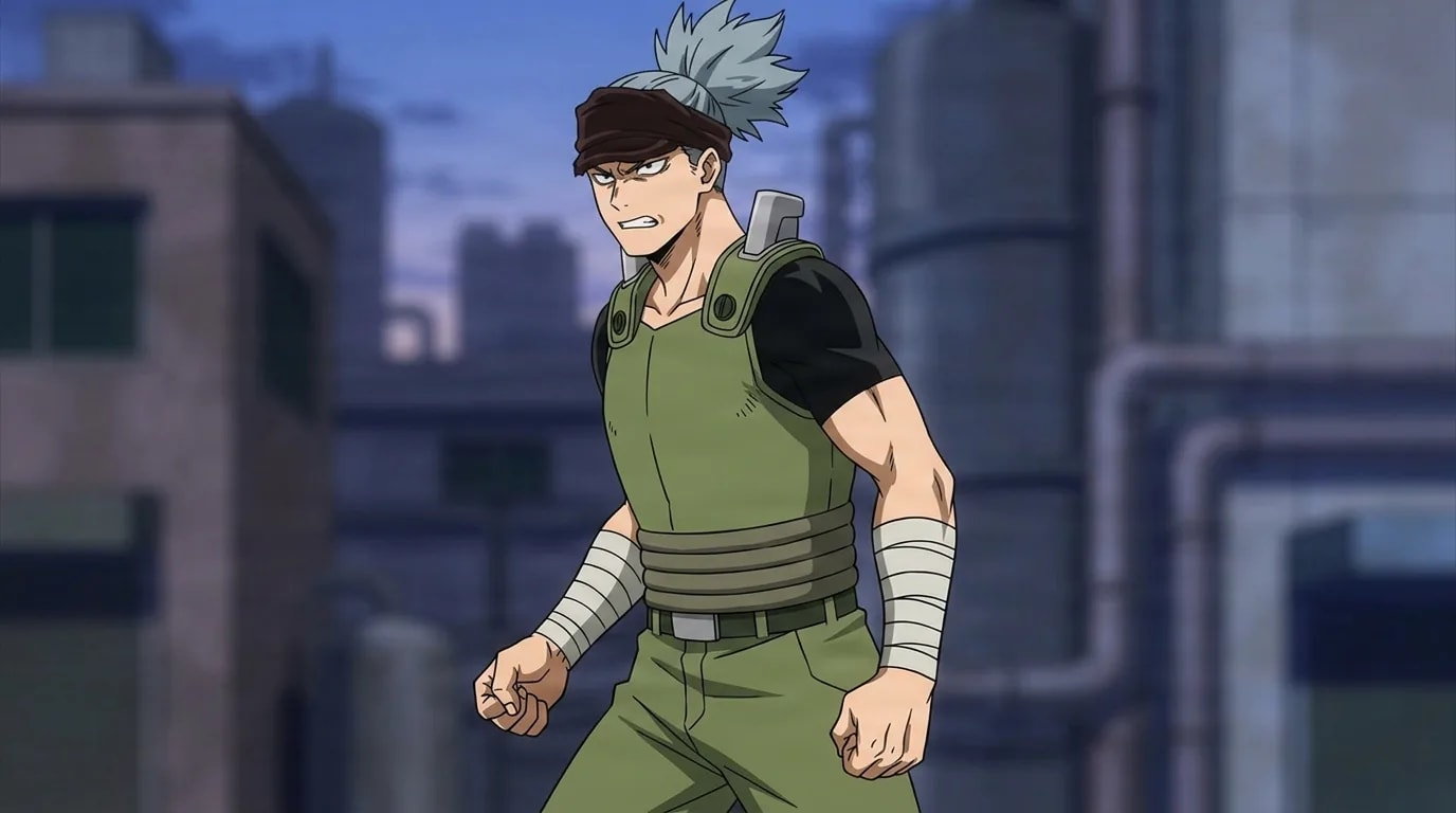 Bruce Lee from My Hero Academia in a close-framed cel-shaded anime scene with a detailed environment
