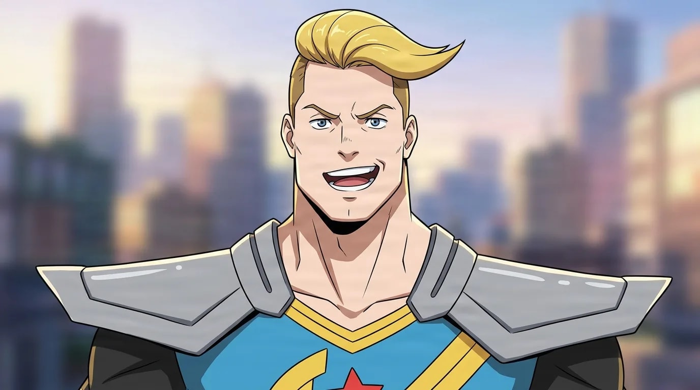 Christopher Skyline from My Hero Academia in a close-framed cel-shaded anime scene with a detailed environment