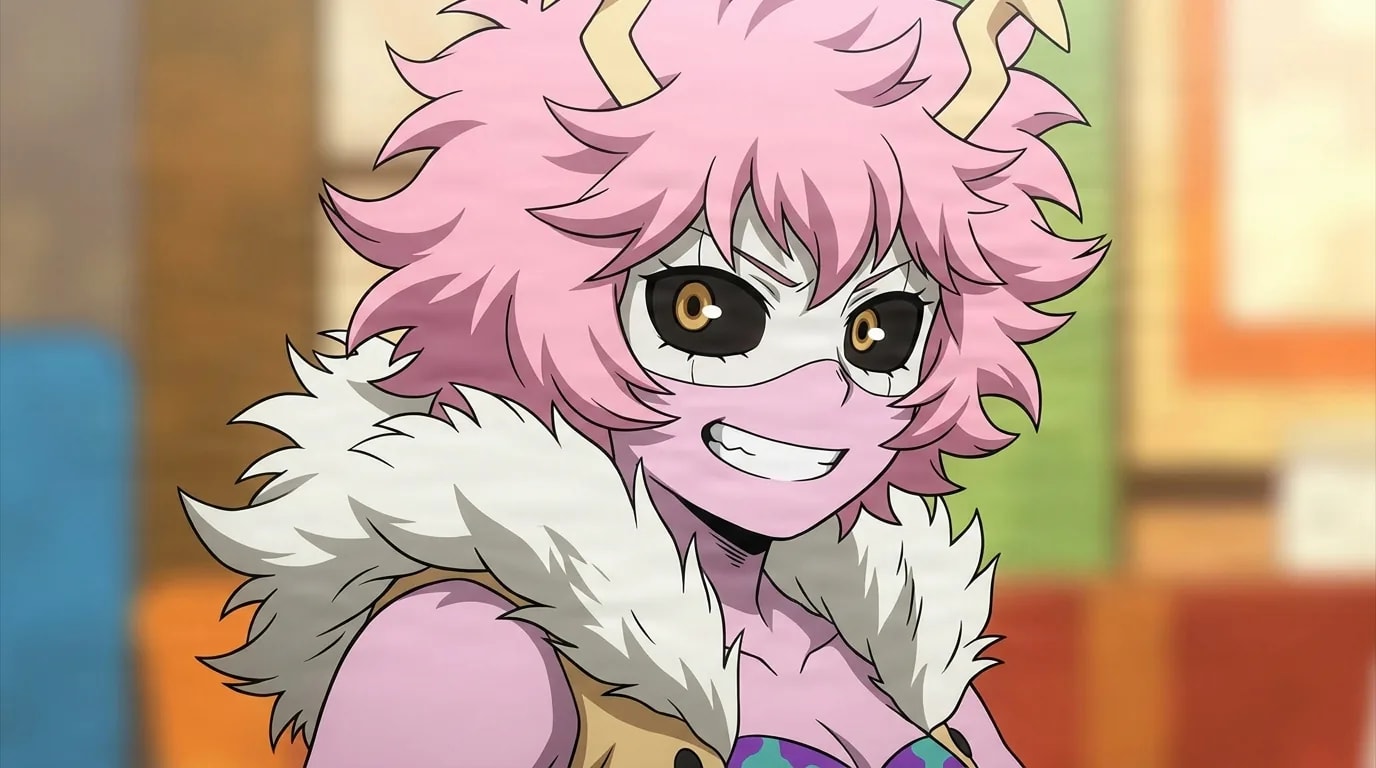 Mina Ashido from My Hero Academia in a close-framed cel-shaded anime scene with a detailed environment