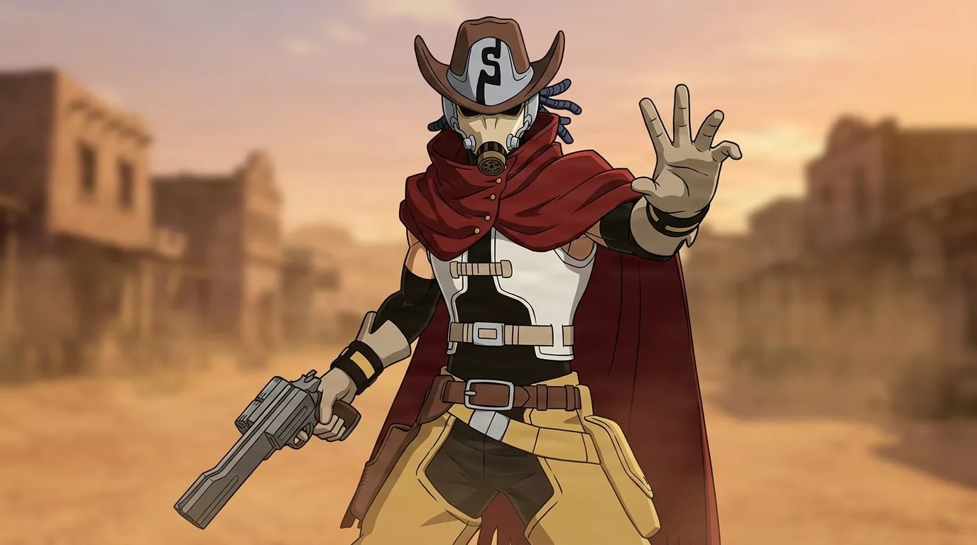『僕のヒーローアカデミア』のキャラクター、スナイプ。細部まで描き込まれた背景を伴う、クローズアップのセル画調アニメシーンとして描かれている。