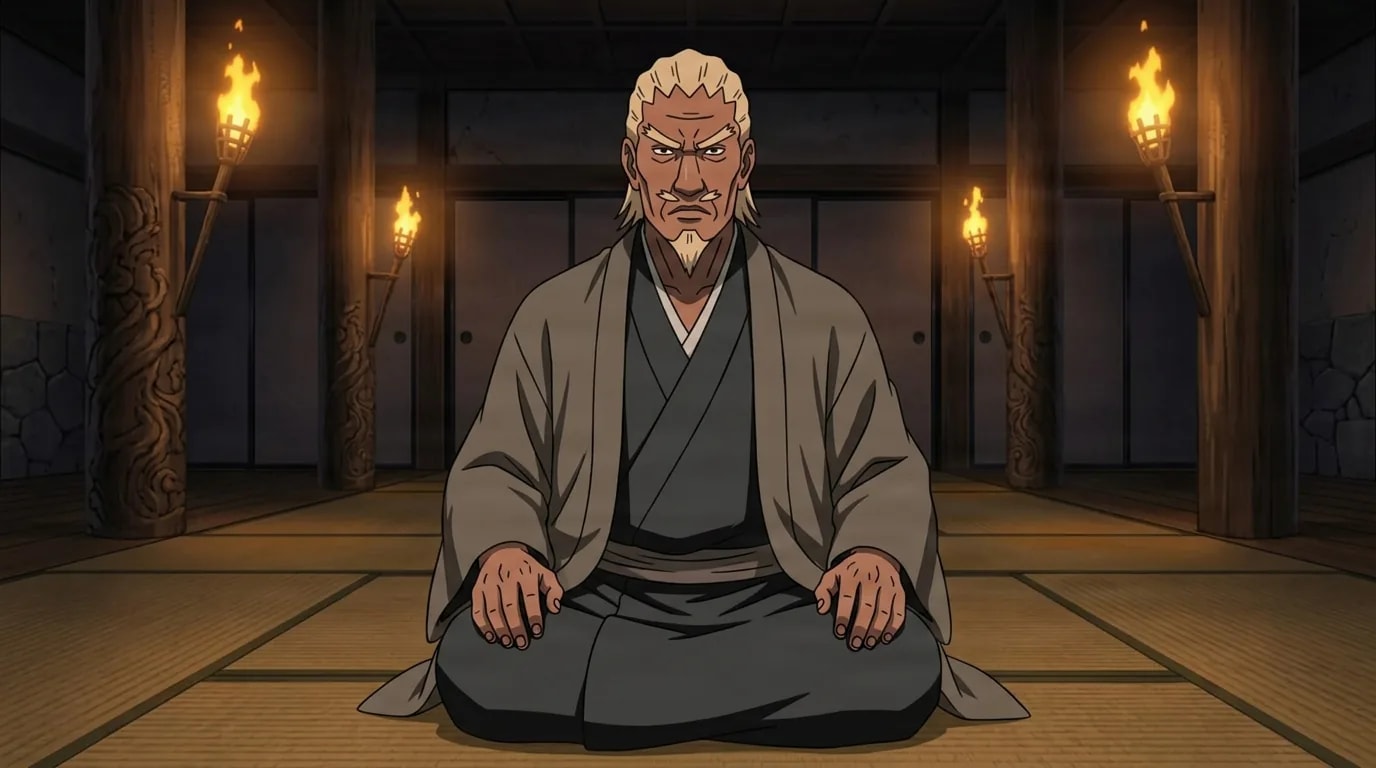 Elderly blond shinobi with beard sits cross-legged calmly in a torch-lit wooden hall