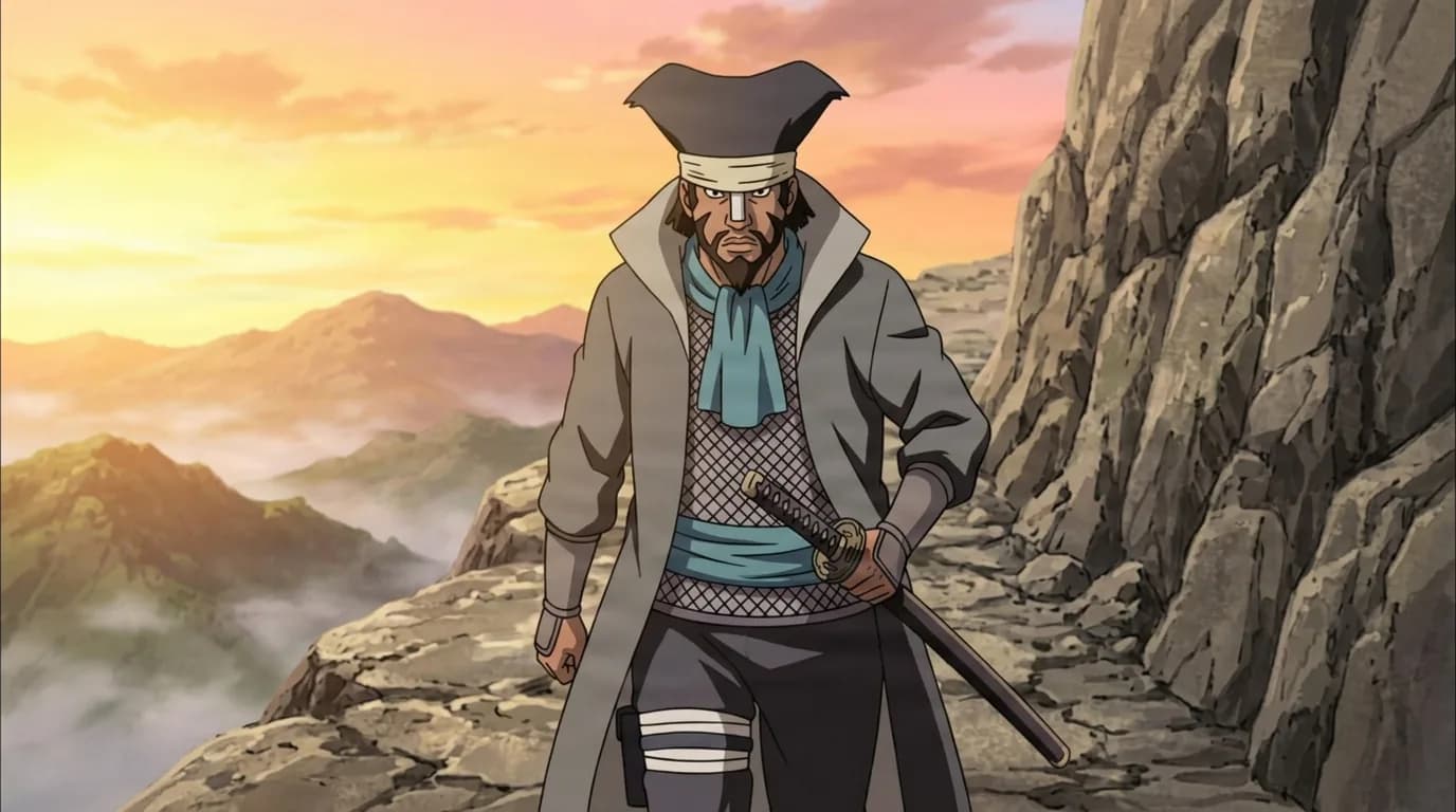 Bearded shinobi in tricorn hat grips a sword hilt while walking a misty mountain trail at sunrise