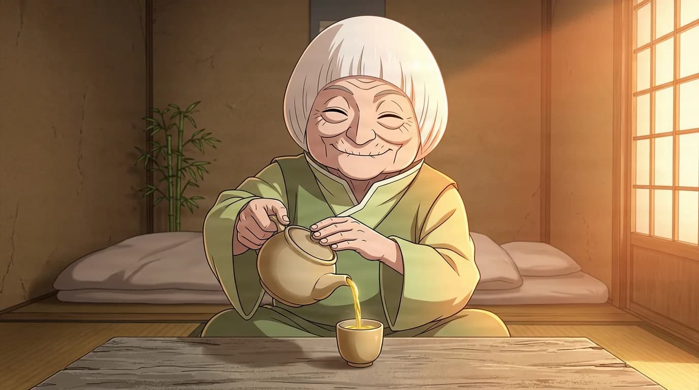 Smiling elderly woman with white hair pours tea at a low table in a sunlit room